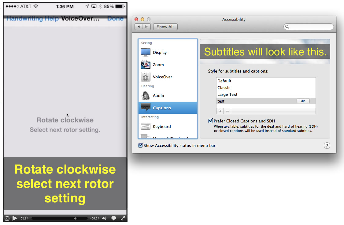 Screenshot shows custom styled captions set by the end user to be large yellow text on a black transparent background.