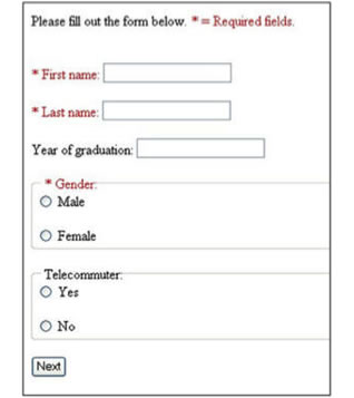 screenshot of 2 radio groupings with legends, gender - male, female, telecommuter - yes, no