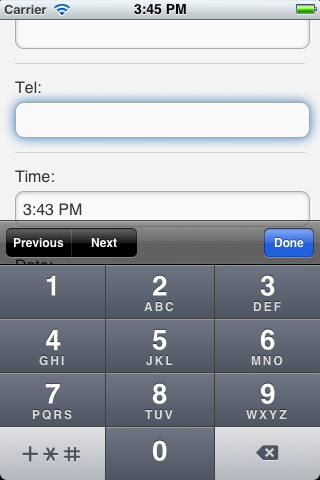 Tel keyboard displays 10-digit numeric phone keypad with +, *, and # key.