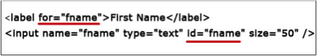 <label for="fname">First Name</label><input name="fname" type="text" id="fname" size="50" />