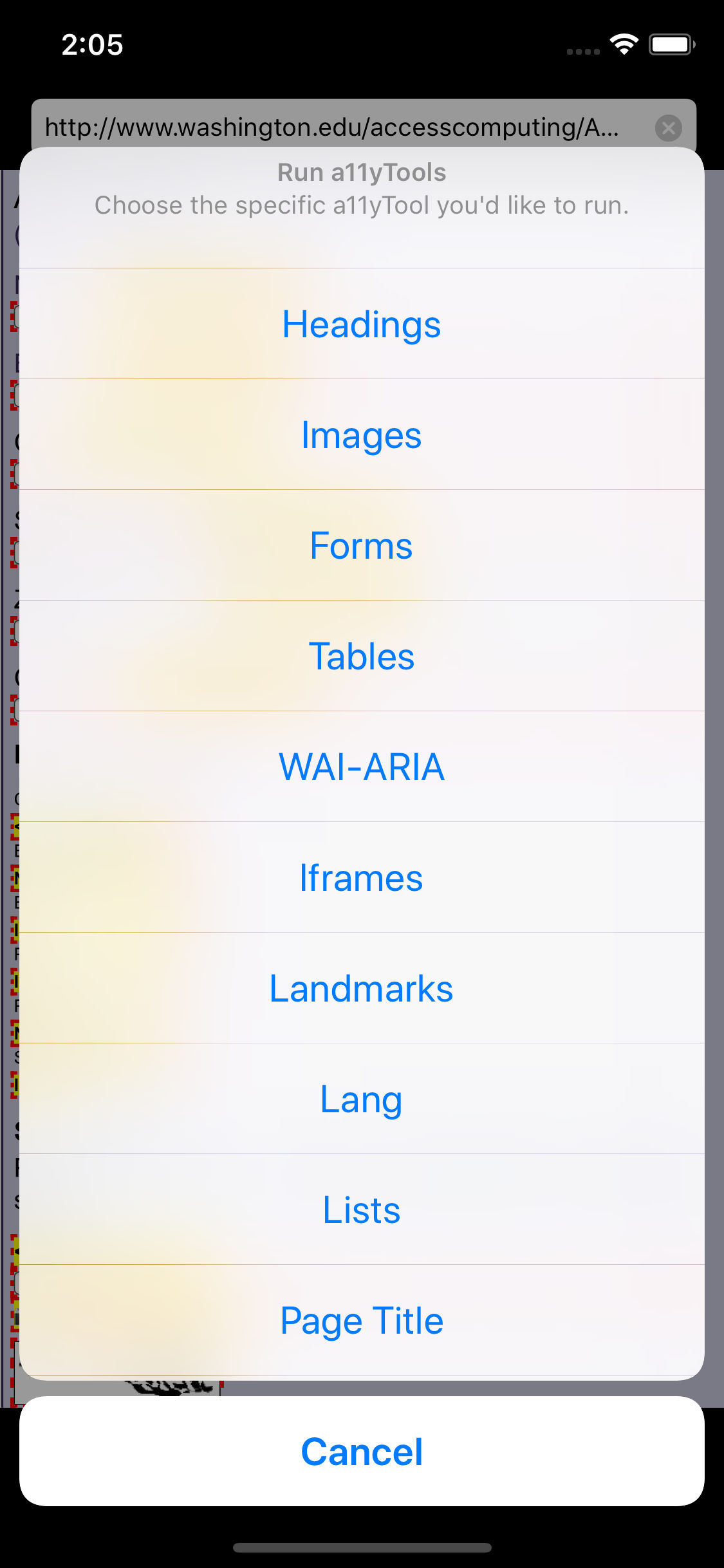 Screenshot of Toolbar Item Menu, Download a11yTools Extension for Safari macOS